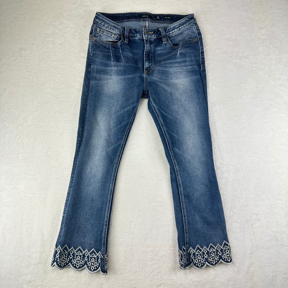 Miss Me Jeans Womens 29 Blue Denim Crop Boot Embroidered‎ Scallop Hem Cotton